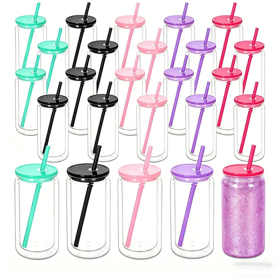 [ 4/6/8/25/50PCS ] 16 oz Plastic Snow Globe Tumbler, Pre-Drilled Double Wall Plastic Can Cold Drinks Snowglobe Cup with Lid and Straw for Snow Globe Glitter DIY Gift Bottle Mug Drinkware