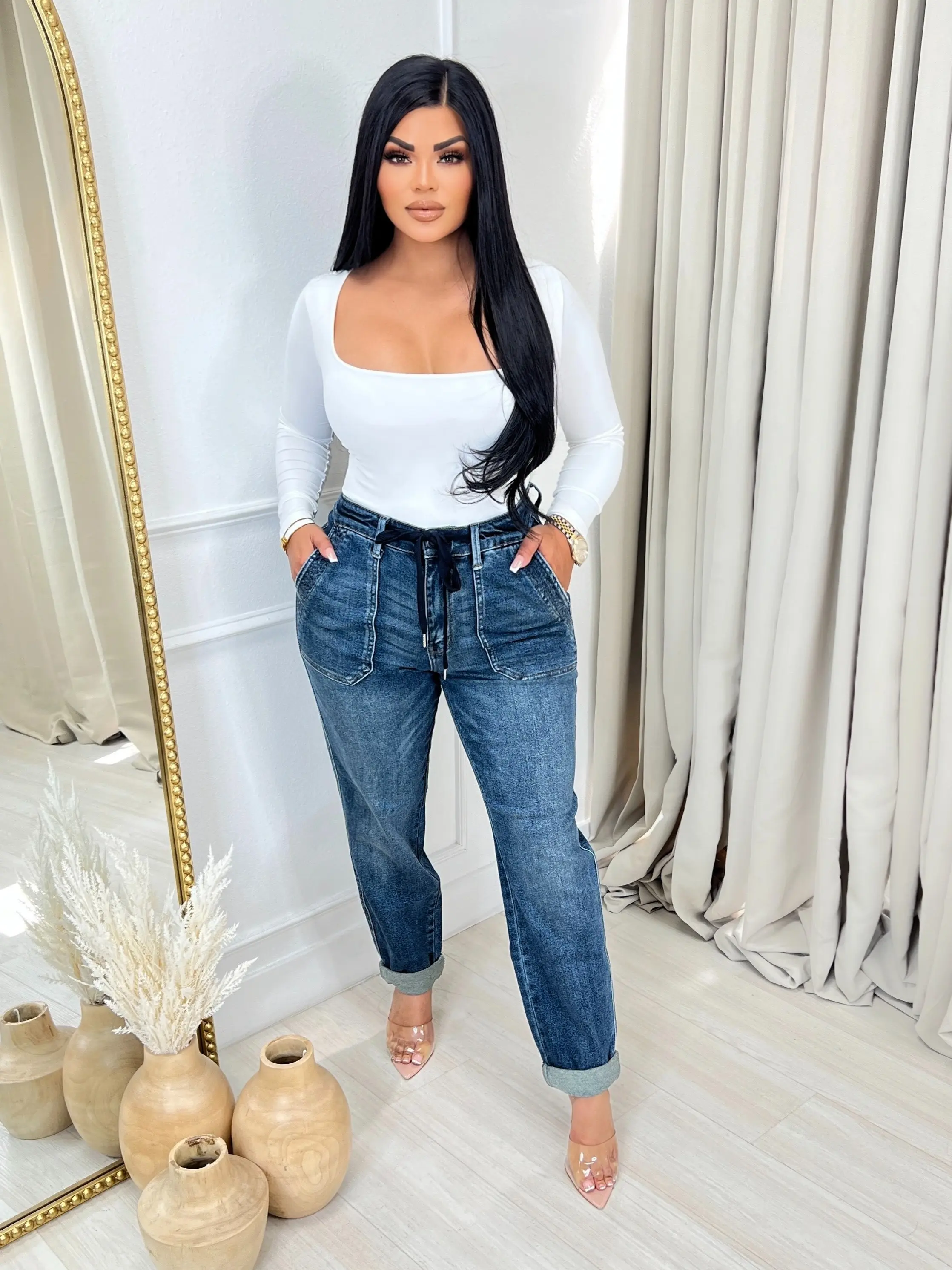 Sophia Judy Blue High Waist Vintage Wash Jogger w/ Drawstring