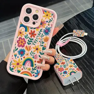 5-Piece Set with Colorful Floral and Rainbow Patterns, Includes Charger Case and Cable Protectors, Compatible with iPhone 11-15 Series