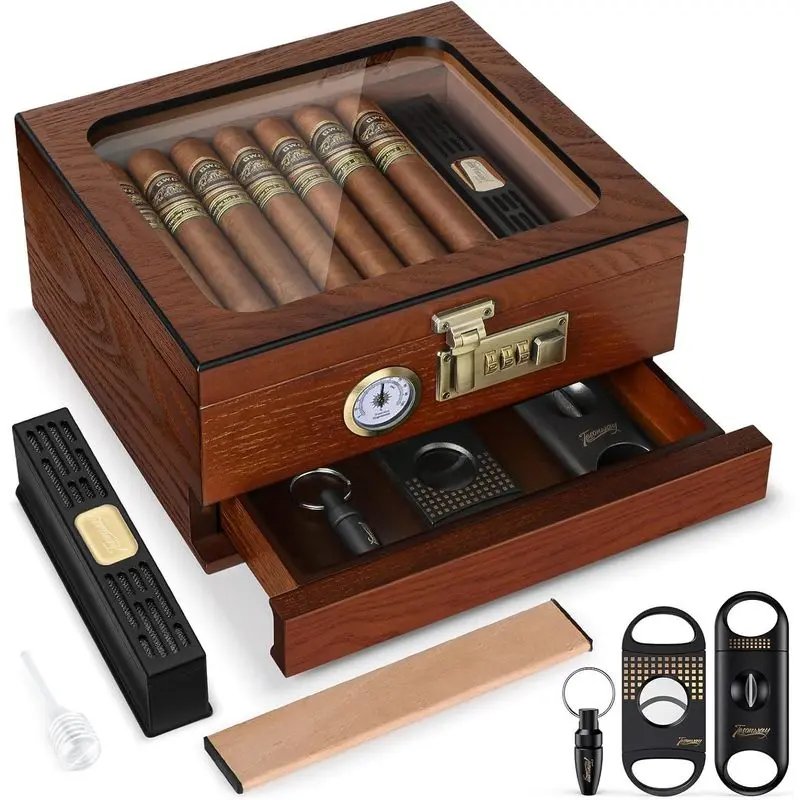 Handcrafted Cedar Wood Storage Box with Combination Lock & Built-In Hygrometer - Glass Top Desktop Display Case Organizer, Gifts for Men (Empty Box Only)