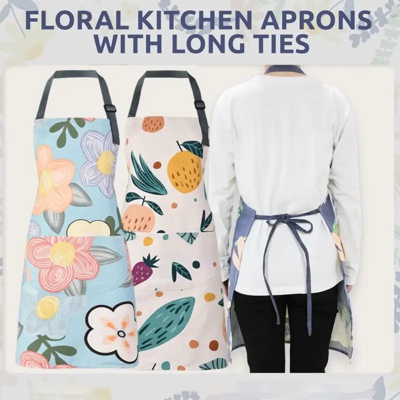 Women's 2-Piece Long Bib Kitchen Aprons - 2pcs Orange/Floral Colorful Floral Pattern Novelty Cooking Aprons, Adjustable Tie Strap, Waterproof, Pockets, Breathable Cotton, for Cooking, Gardening, Set Of Two