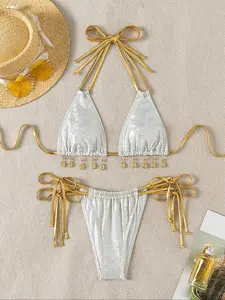 Women's Tie Back Halter Neck Bikinis Set, Chic Padded Triangle Swim Bra & Tie Side Swim Panty, Summer Beach Holiday Vacation Swimwear Set for Women, Bikini Swim Top