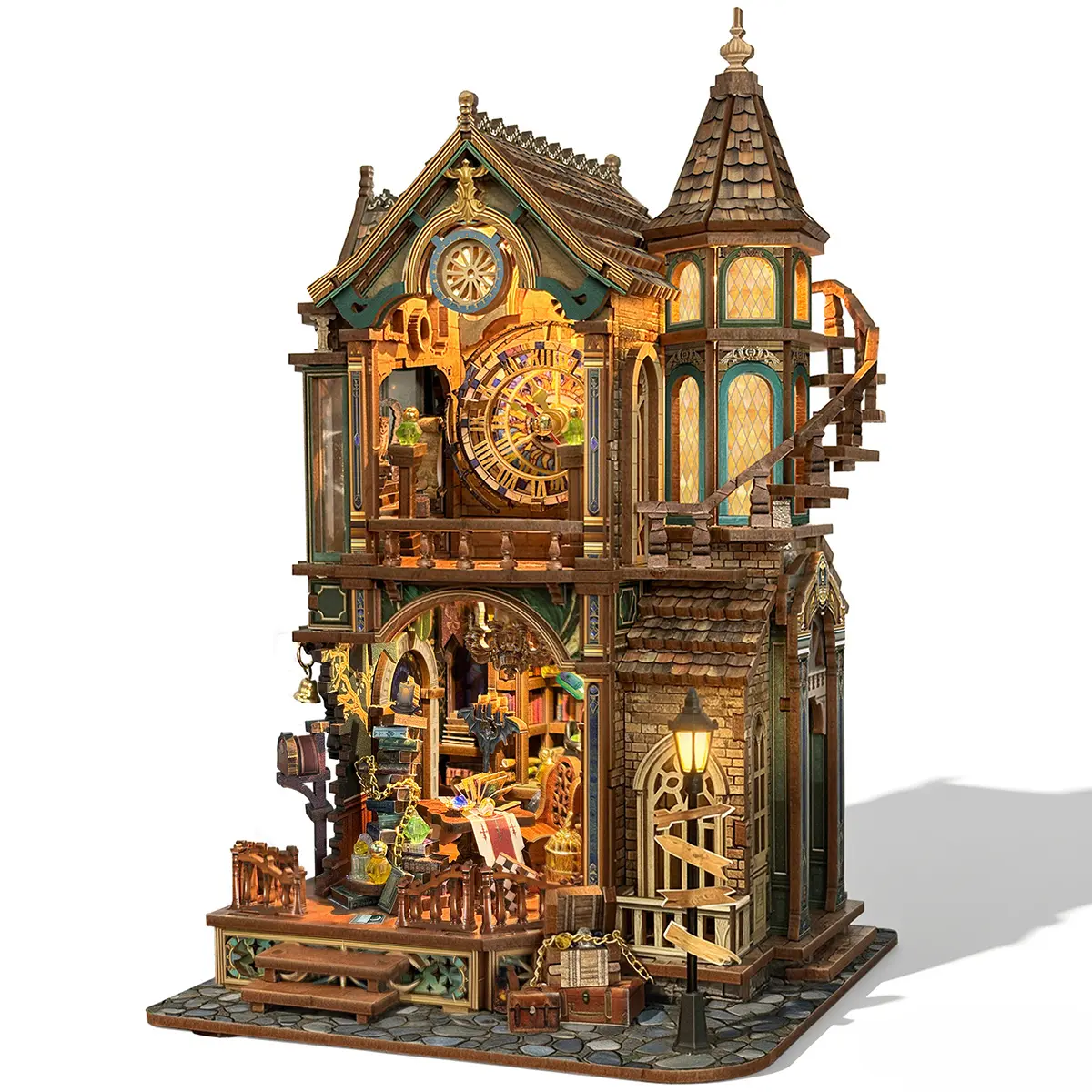 Advanced Booknook Kit - Magic Clock Tower Luminous Miniature House Model, Precision Cut Wooden Handmade Puzzle for Adults, LED-Powered DIY Woodwork Toy, Stress Relief Home Decor Birthday Gift