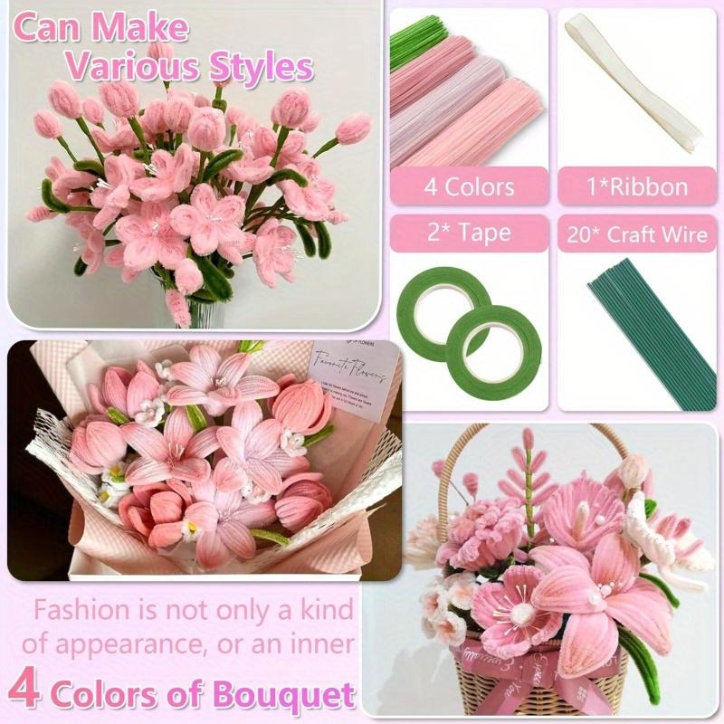 DIY Craft Kit, 400 Pieces Pipe Cleaners, 4 Colors, Chenille Stems, Floral Making Supplies, Includes String, Tape, Buds & Ribbons