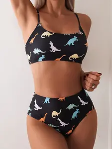 Printed Two-Piece Bikini Set, Small Dinosaur Print, Vacation Style, Fitted Design, Casual Wear, All Seasons, Plain Pattern, Swimsuit Sets, Swimwear Sets