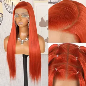 QD-Tizer Long Straight Copper Red Heat Resistant Fiber Long Straight Wig 13x6 Ginger Orange Brown Synthetic Lace Front Wig Pre Plucked Hairline, Glueless, Fashion Wig for All Genders and Ethnicities Halloween Wig