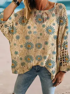 Spring and summer round-neck rhombus hollow-out, loose Boho vacation-style Knitwear cardigan, batwing sleeve knit top, floral print, casual and elegant, versatile for commute.