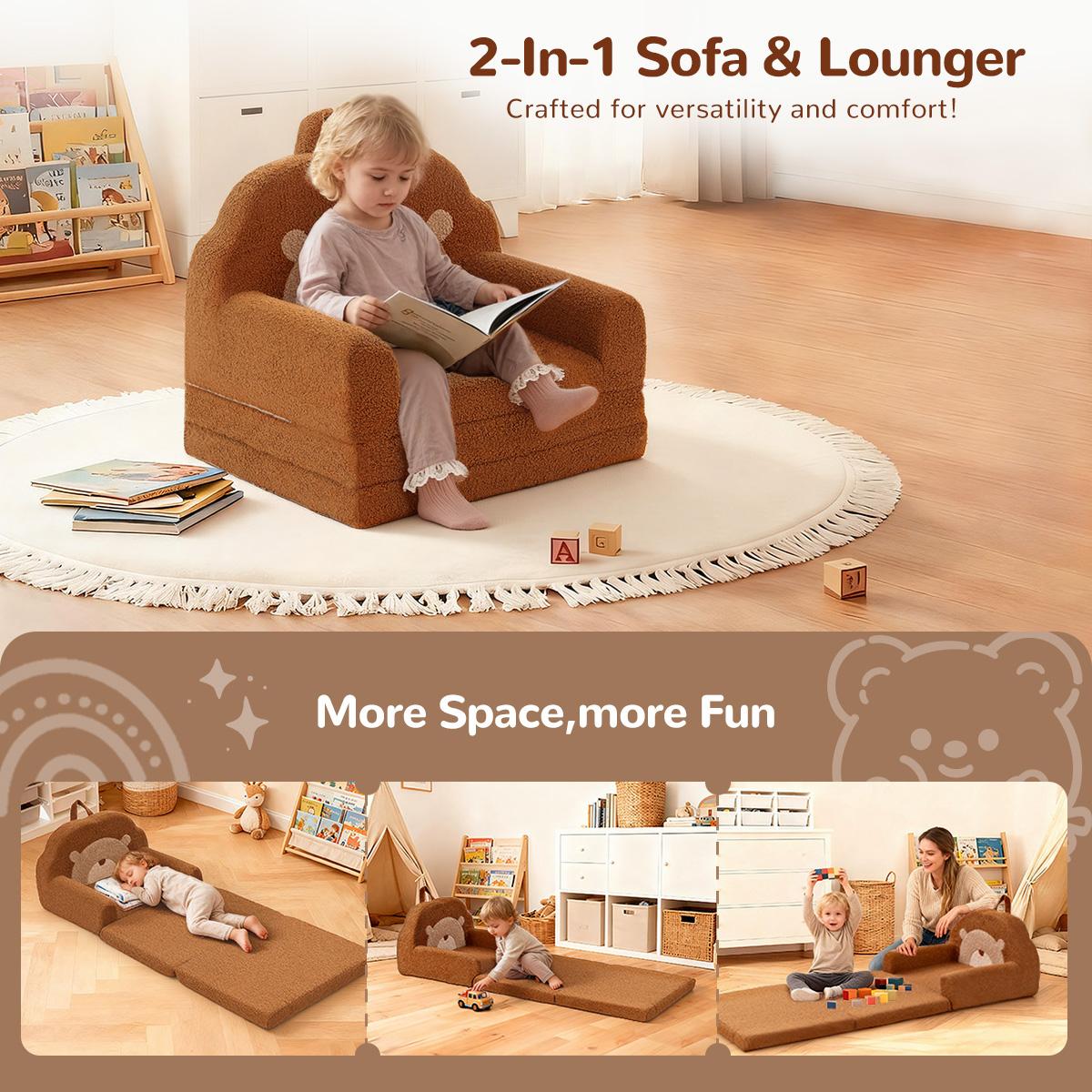 COMOMY Toddler Couch, 2 in 1 Kids Couch, Foldable Baby Soft Couch Chair for Boys and Girls Gift, Convertible Sofa to Lounger- Ideal for Napping, Reading, and Playing, Bear, Brown