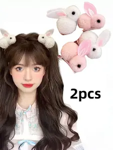 Cute 3D Plush Ball Rabbit Bunny Ears Hair Clips, Adorable Accessories, Perfect Gift for Girls & Preschool Kids, Set of 2, Hair Decor