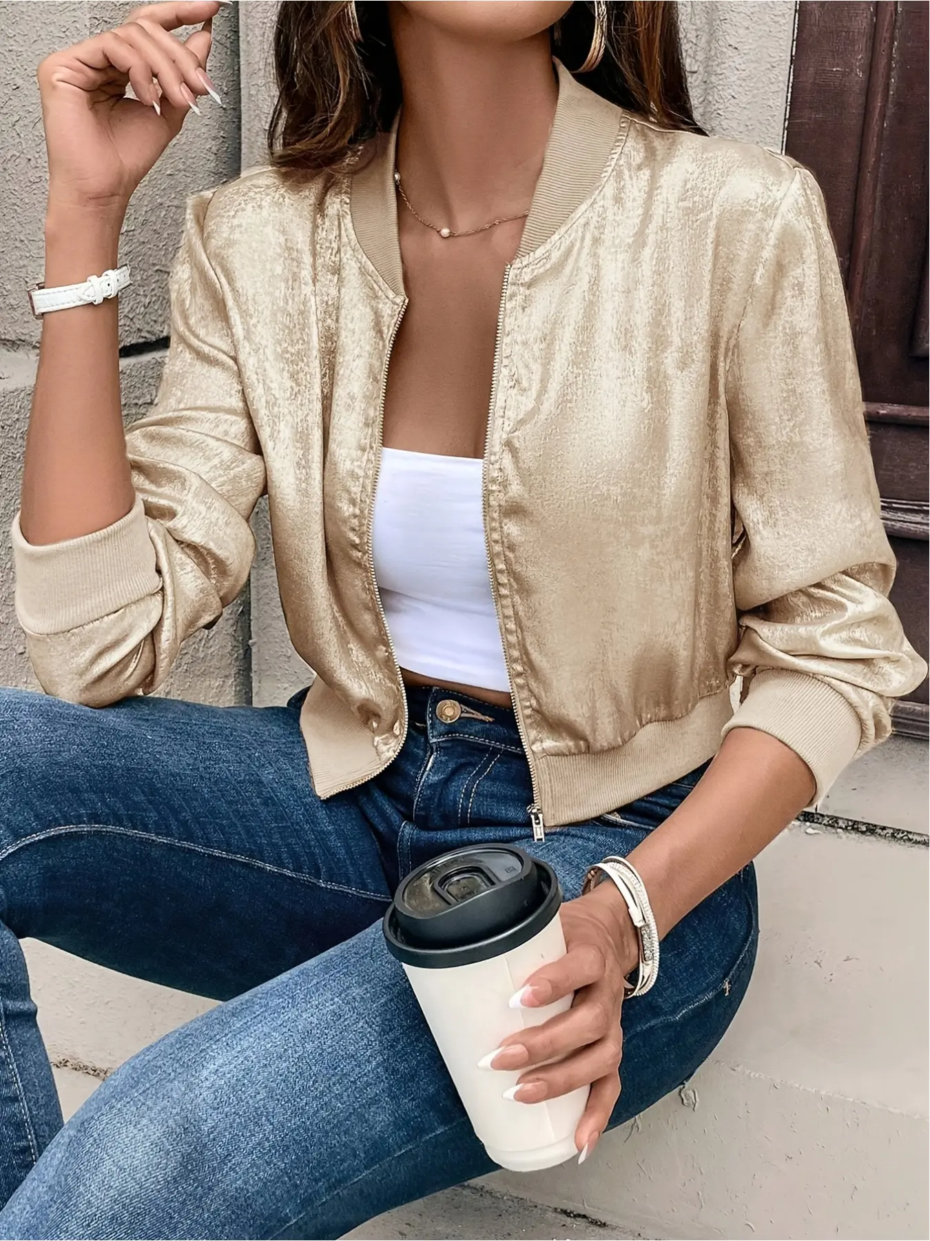Women's Solid Color Glitter Jacket, Casual Long Sleeve Zip Up Bomber Jacket for Daily Wear, Ladies Clothes Womenswear for All Seasons, Coats, Outerwear, Casual Zipper Coat