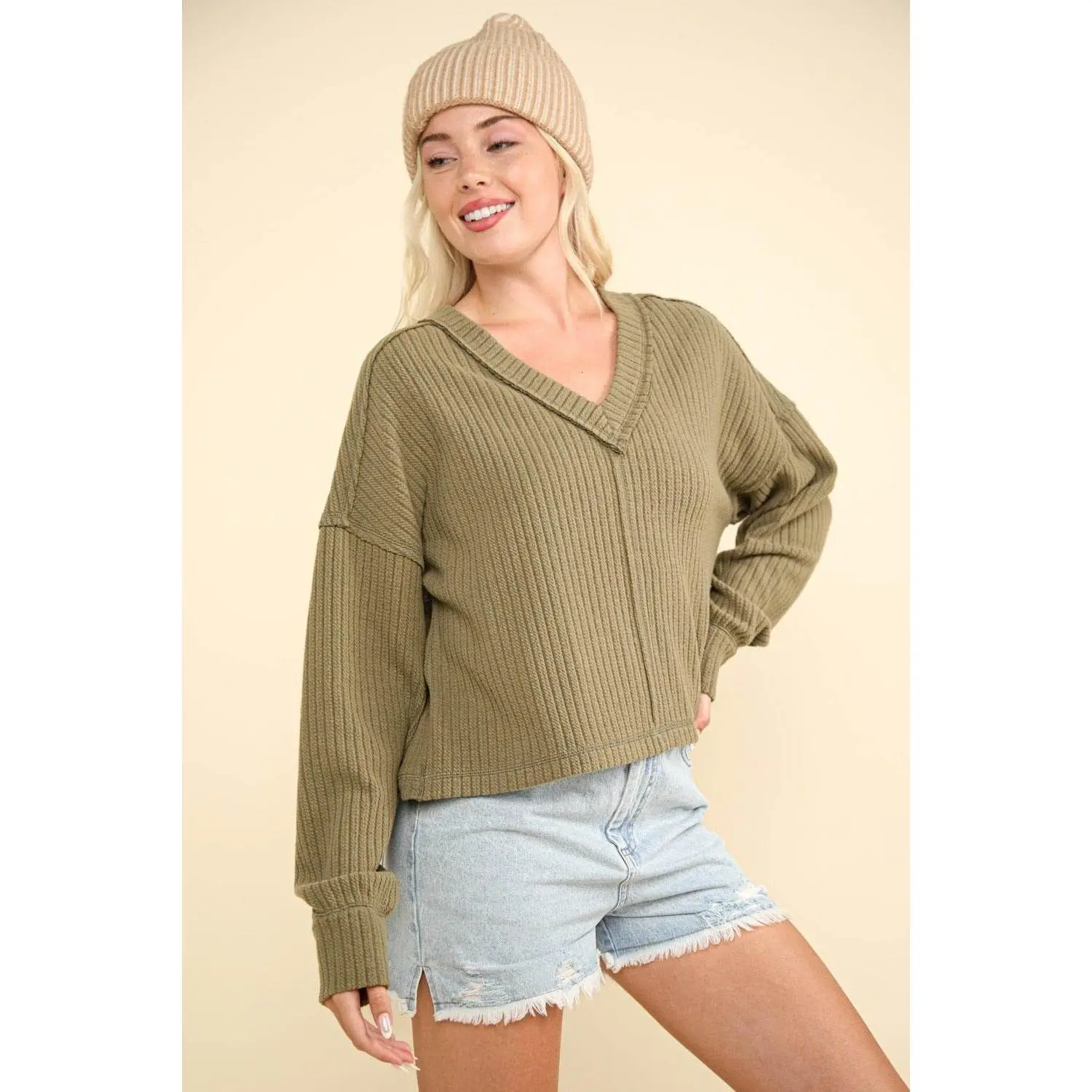 VERY J Exposed Seam V-Neck Ribbed Knit Top