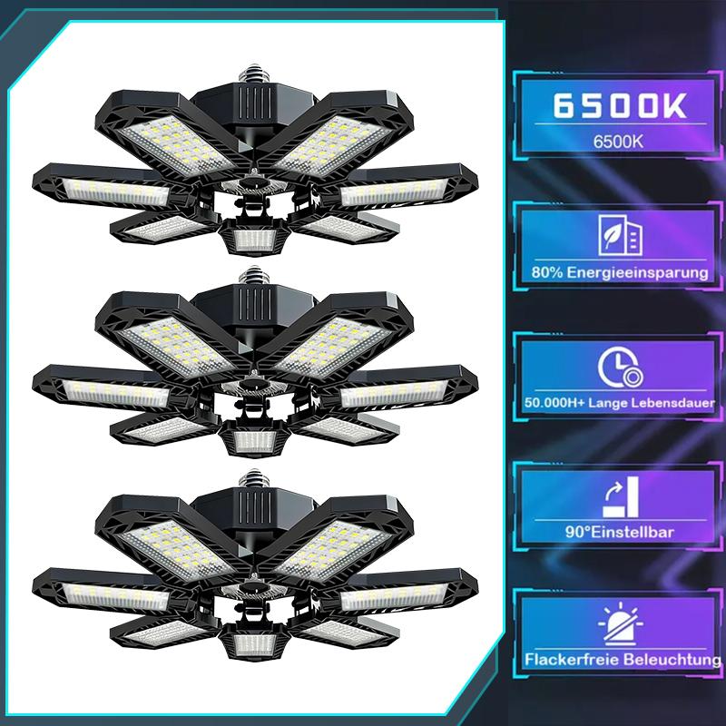 Qawtor Deformable LED Garage Light Bright [3-Pack] Shop Ceiling Bulb Lamps E26/E27 Barn Warehouse Garage Foldable 7+1 Panel Work Light Super Bright Illumination Easy Installation , Summervibes, Fathersdaygift