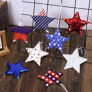8pc Star-Shaped Hanging Ornaments (Fabric & Foam) – Red, White, and Blue Patriotic Design with Sequins and Hanging Loops; Ideal for Tray Decor, Independence Day Parties, and Festive Celebrations.