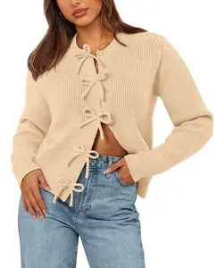 BTFBM Cardigan Sweaters for Women Trendy 2025 Fall Open Front Long Sleeve Button Down Bow Knot Cropped Lady Jacket