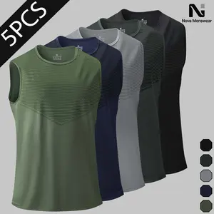 Men's 5-Pack Sleeveless Tank Tops Set - Striped Patchwork Crew Neck Vests, Trendy Streetwear Athletic Tops for Daily Wear and Gym Workout