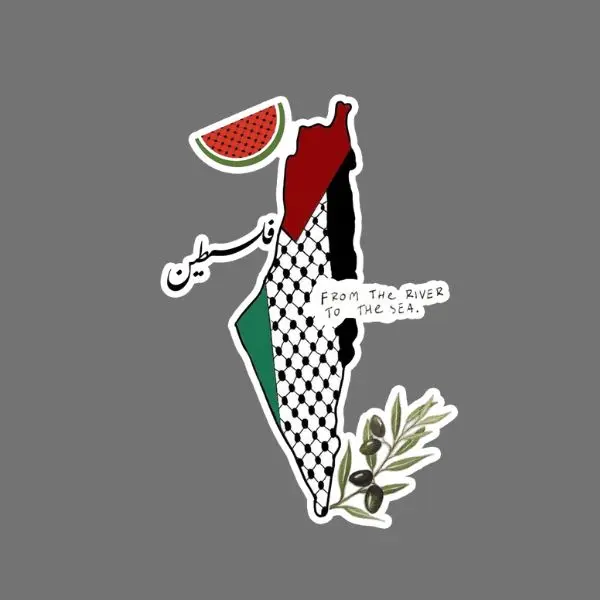 Palestine Map Sticker, Cultural Design with Keffiyeh Pattern, Olive Branch & Watermelon, Symbolic Waterproof Vinyl Decal for Laptop, Car, and Bottle, Middle East Art Gift