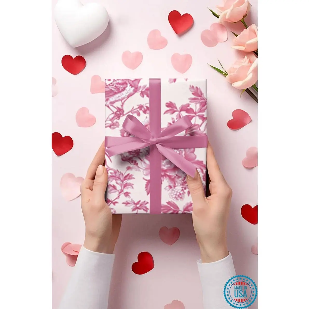 Vintage Hot Pink Bird Toile Chinoiserie Gift Wrap for Holiday Occasions Crafts DIY Scrapbooking Birthday Valentine's Wrapping Paper Roll
