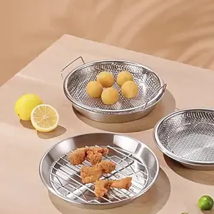 Stainless Steel Frying Rack with Tray, Foldable Round Metal Mesh Basket, Oil Draining Dishwasher Safe, Compatible with Multiple Models