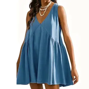 Women's Babydoll Sundress, Minimalist Sleeveless V-Neck Cotton Mini Dress, Casual Flowy A-Line Tunic with Pockets