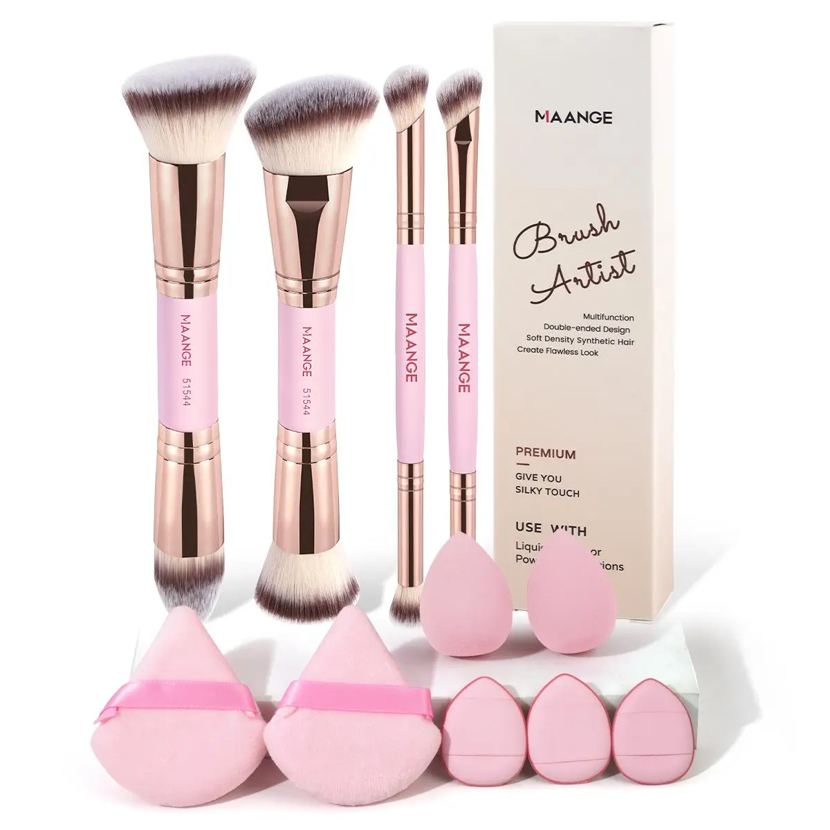 MAANGE Makeup Brushes Set, Makeup Brushes Kits, Cosmetic Makeup Tool, 11pcs of Makeup Tools Including 4pcs Double-ended Makeup Brushes + 2pcs Medium Water Droplets + 3pcs Thumb Powder Puffs + 2pcs Cotton Triangles, Makeup Accessories Gifts for Friends
