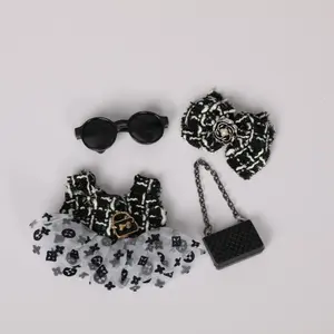 Fashion Doll Clothing Set ，Elegant Tweed Dresses with Matching Sunglasses, Bows & Handbags for Mini Plush Toys