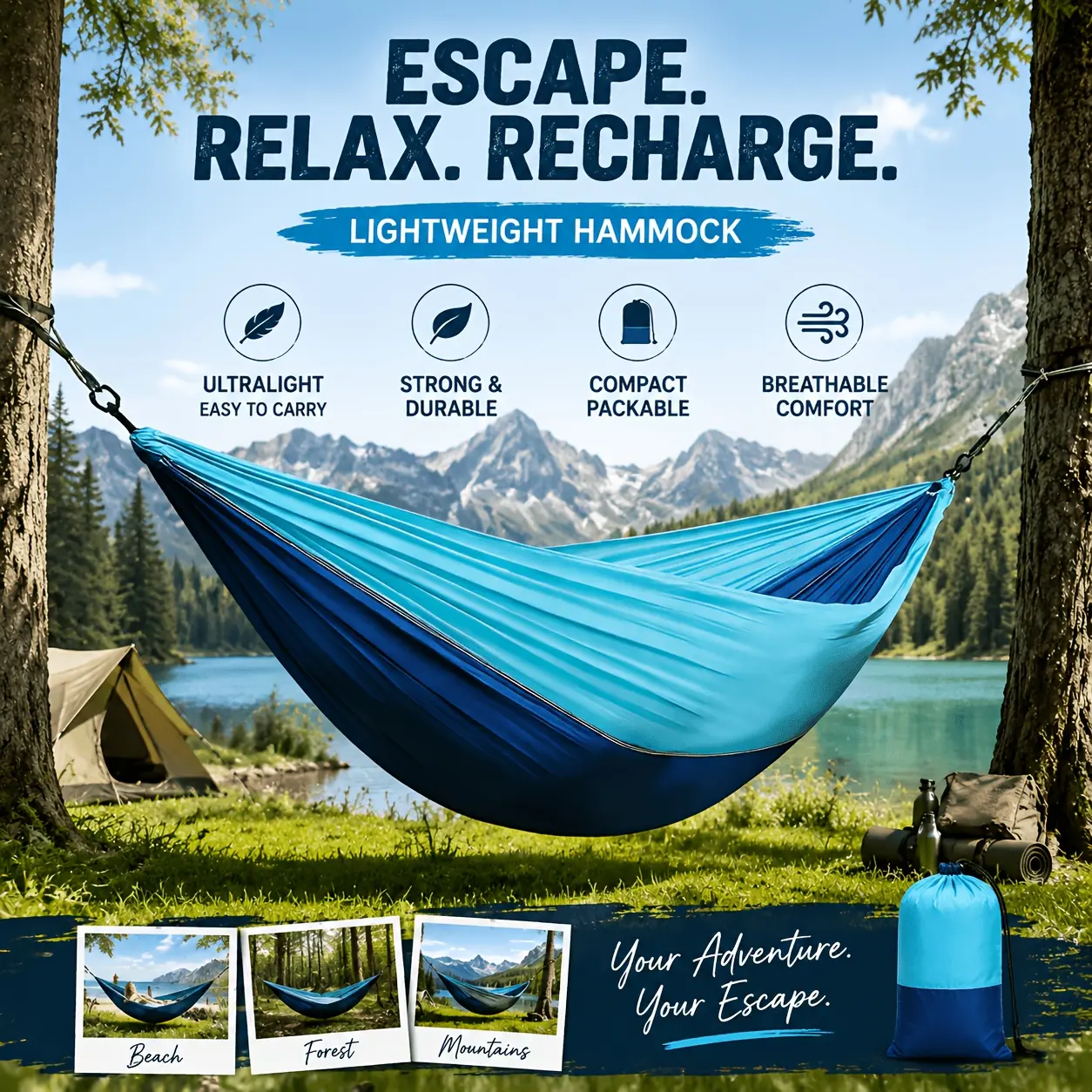 Durable Parachute Cloth Portable Waterproof 2-Person Camping Hammock (Twin, 140 cm) - Hammocks for Outside with Straps, Carabiners, Lightweight Design, Carry Bag for Outdoor Travel, Hiking (For Adults)