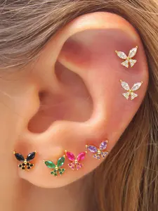 6Pcs Lovely 24K Gold Plated Cubic Zirconia Colorful Earrings Set For Women Multicolor Zircon Butterfly Earrings Pack Stud Earrings Stack
