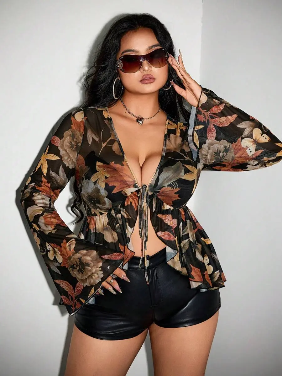Kallé x Plus Size Maple Leaf Print Front Tie Bell Sleeve Sheer Mesh Top