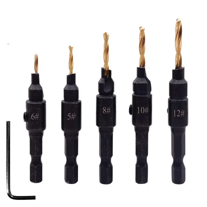 Wood Countersink Drill Bit Set, Tapered Drill Bits with Hex Shank and Allen Wrench, Counter Sinker Drill Bit Set for Woodworking, Multi-size Tool Kits