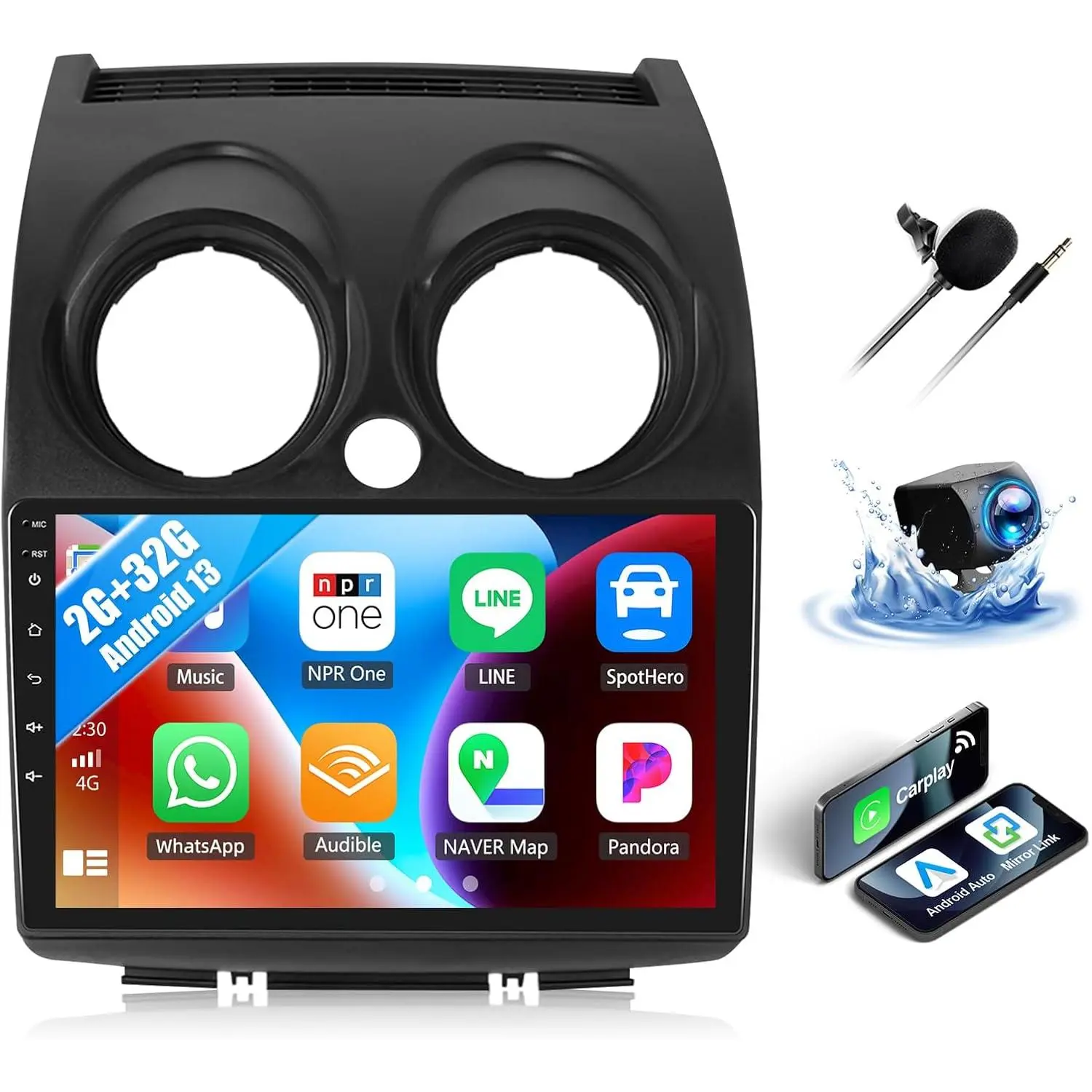 RIMOODY Android Car Stereo for Nissan Rogue 2007-2015, 9-Inch Touchscreen with Round Hazard Button, 2G+64G, Wireless CarPlay, Android Auto, Mirror Link, Bluetooth, GPS Navigation, WiFi, FM Radio, Backup Camera, MIC, Father's Day Gift