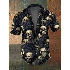 Men's Skull Print Button Front Shirt, Regular Fit Casual Short Sleeve Collar Shirt for Summer, Fashion Men's Top for Daily Wear, Halloween