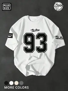 Men's Plus Size "New Jersey 93" Varsity Number Graphic Oversized T-Shirt, Retro Streetwear Short Sleeve Crew Neck Tee for Summer, Casual Daily Wear & Urban Style