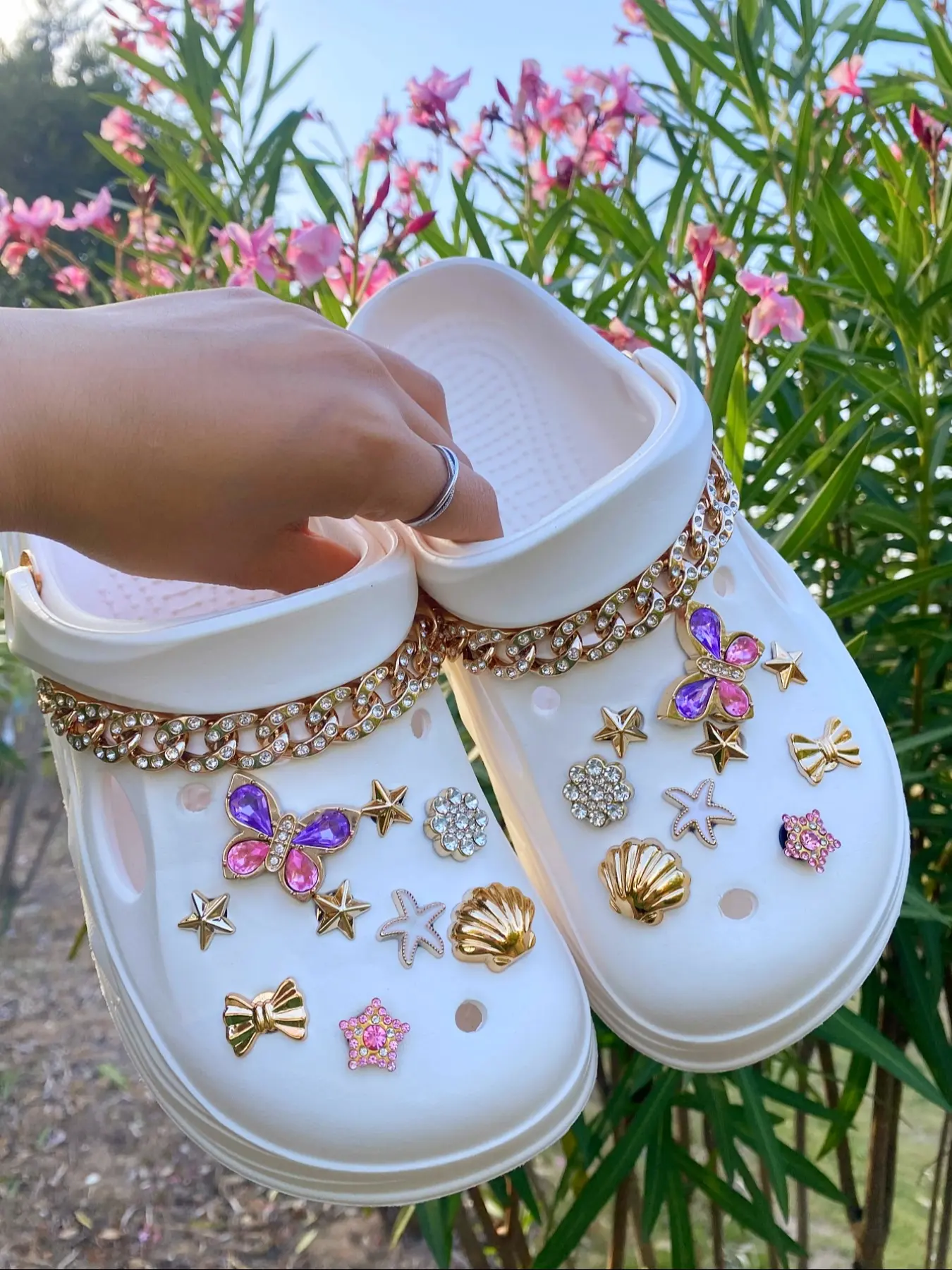 20pcs Butterfly Shell Bow Starfish Rhinestone Chain Shoe Charms, DIY Vintage Pearl Flower Garden Shoes Decorations, Shoe Accessories