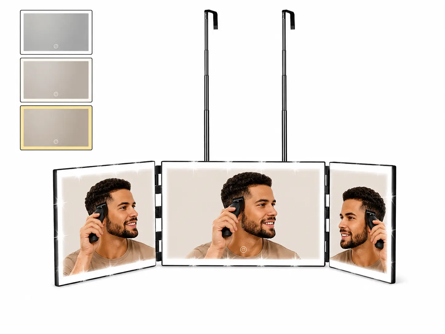 360 Mirror - 3 Way DIY Hair Styling Mirror - 8 LED Light Strips, Adjustable Over Door Hooks, Trifold Portable Cordless Rechargeable Hair Mirror for Haircuts, Braiding, Shaving, Makeup and Styling