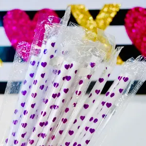 Valentine Day purple heart 9 inch straw pack of 10.  Individually packaged.  Reusable plastic straw