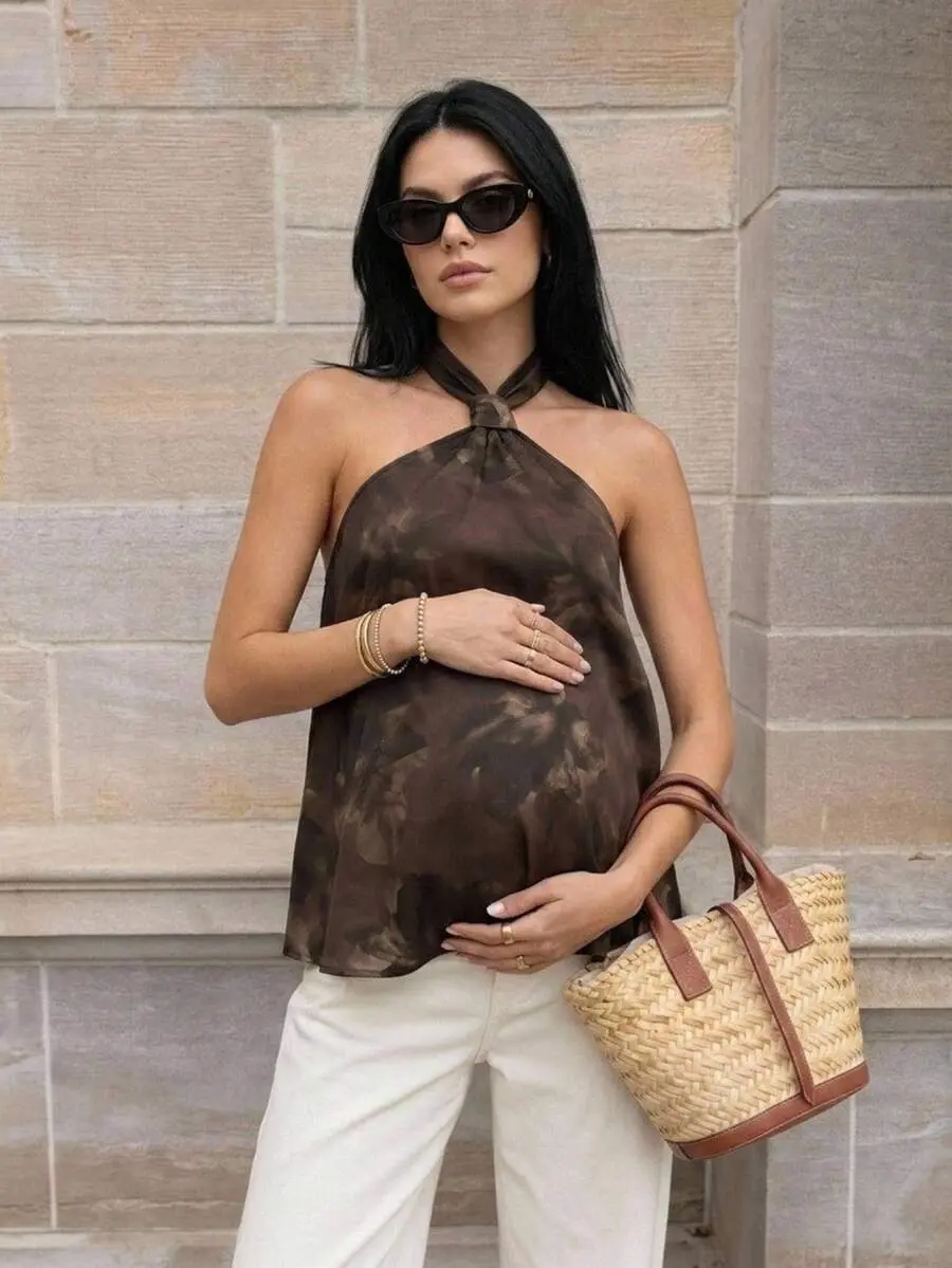 ROSY x MaterniWear Maternity Work Clothes,Maternity Tops,Business Casual Outfit Women Maternity Elegant Floral Print Halter Neck Camisole For Summer