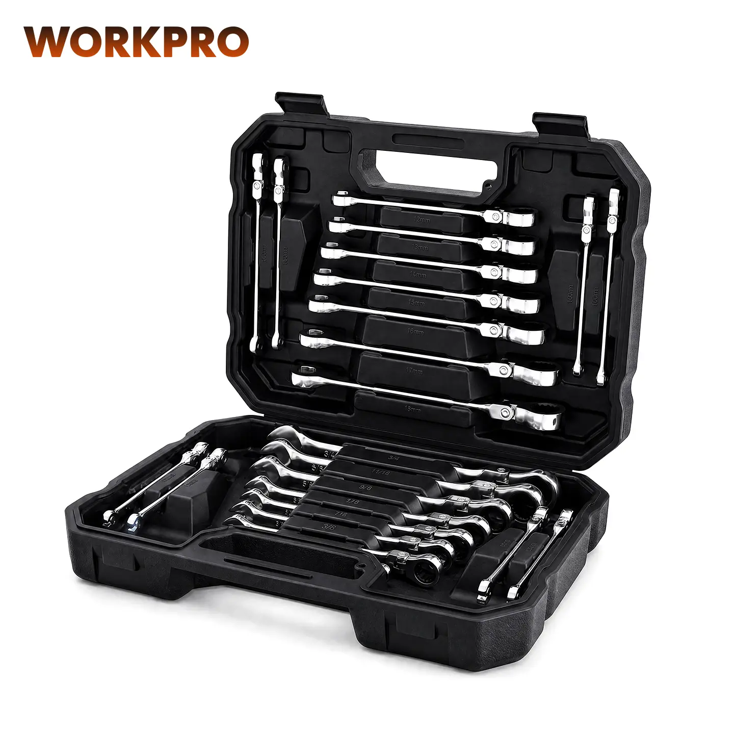 WORKPRO Essential Tools | 22-Piece Swivel-Head Ratchet Wrench Set, 180° Swivel Head, Imperial 1/4“-3/4” and Metric 6-18mm, 72-Tooth Dual-Purpose Ratchet Wrench Set with Portable Storage Case, Suitable for Auto Repair and DIY Projects sohochic