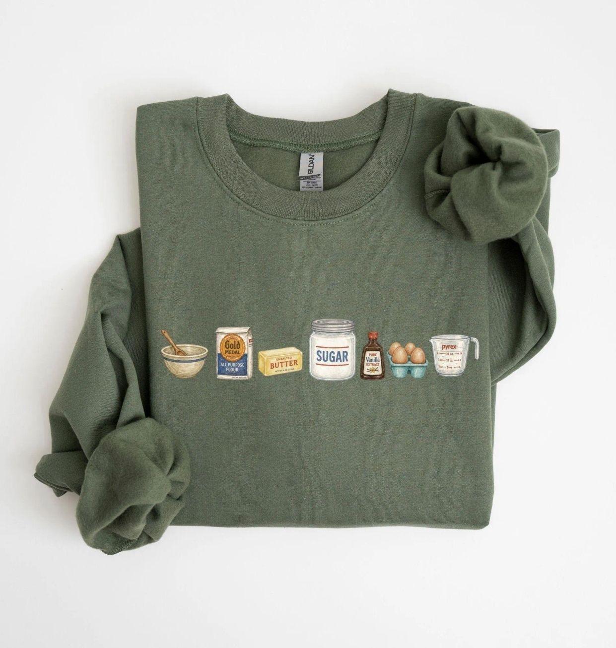 Baking Ingredients Icons Sweatshirt, Vintage Watercolor Baker Crewneck, Cute Pastry Chef Graphic Tee, Baking Lover Shirt, Culinary Student Gift, Coquette Kitchen Aesthetic Outfit, Dessert Maker Apparel, Home Baker Gift For Women Men