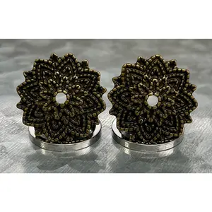 PAIR of Unique Manish Lotus Flower Top Design Screw Fit Steel Tunnels/Plugs -  Gauges 2g (6mm) thru 5/8" (16mm)