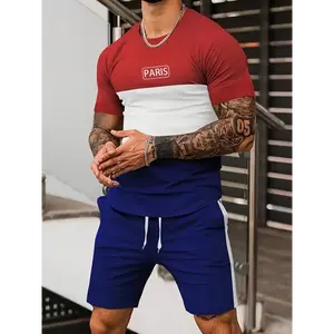 Plus Size Men's Contrast Color "King" Graphic Print T-shirt & Shorts Set for Workout/outdoor, Trendy Oversized Loose Fit 2pcs Tracksuit for Big & Tall Males, Men's Clothing, PLUS SIZE