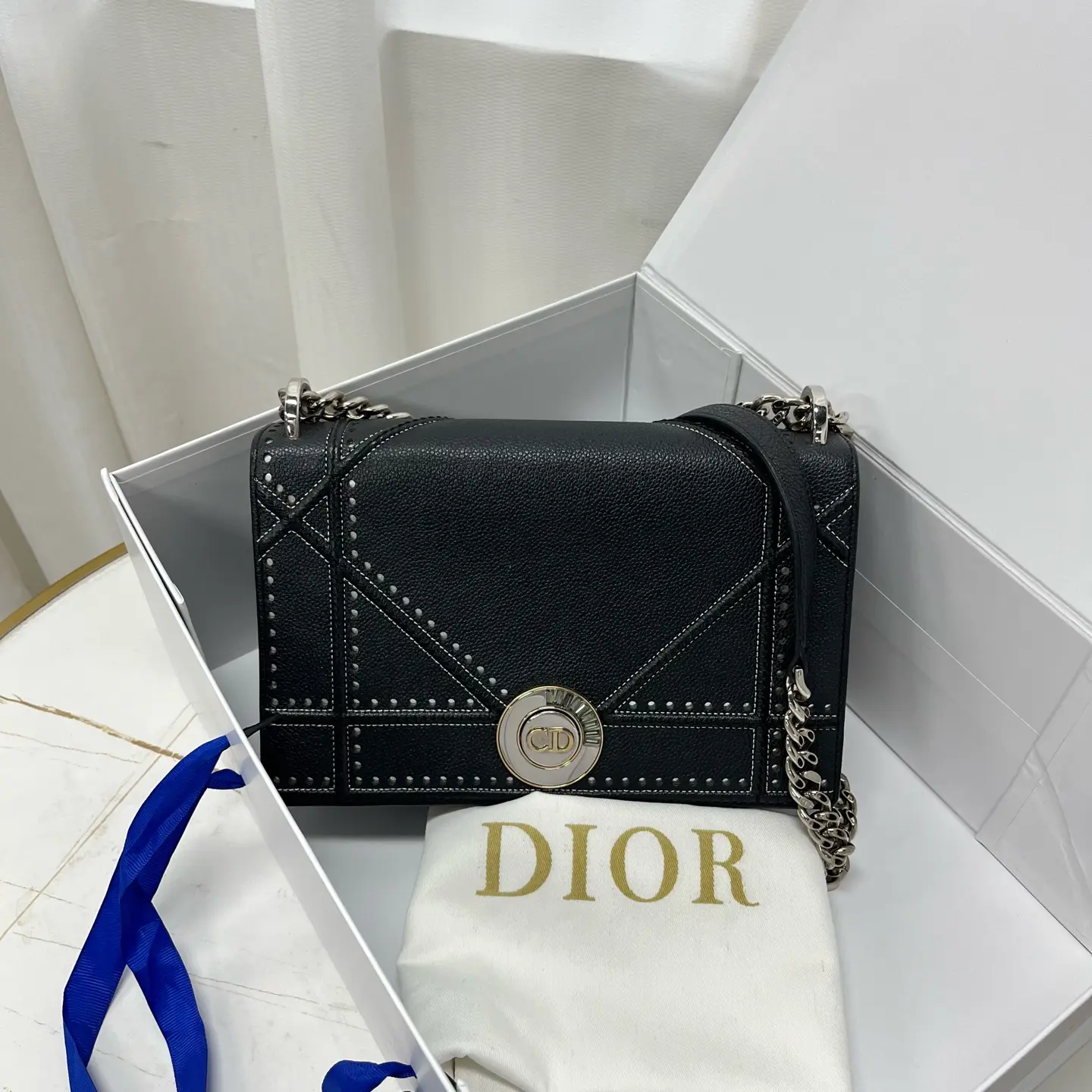 Pre-owned Dior Black Studded Leather Diorama Flap Chain Shoulder Bag 0727luna 23522748