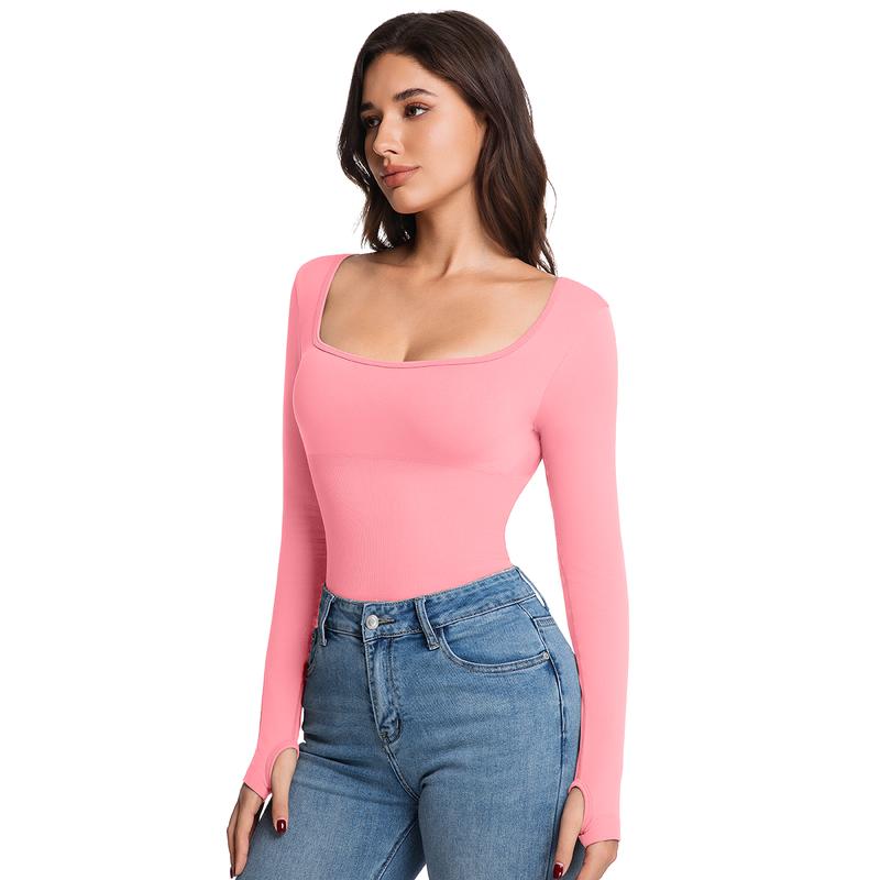 Women's bodysuit long-sleeved backless bodysuit women's top square neck T-shirt women's fashionable bodysuit outerwear mature and sexy style