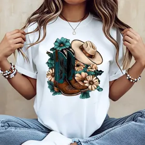 Cowboy Boots And Hat With Flowers Print T Shirt White Women Casual Summer Top Western Style Outfit For Country Music Festival And Daily Wear