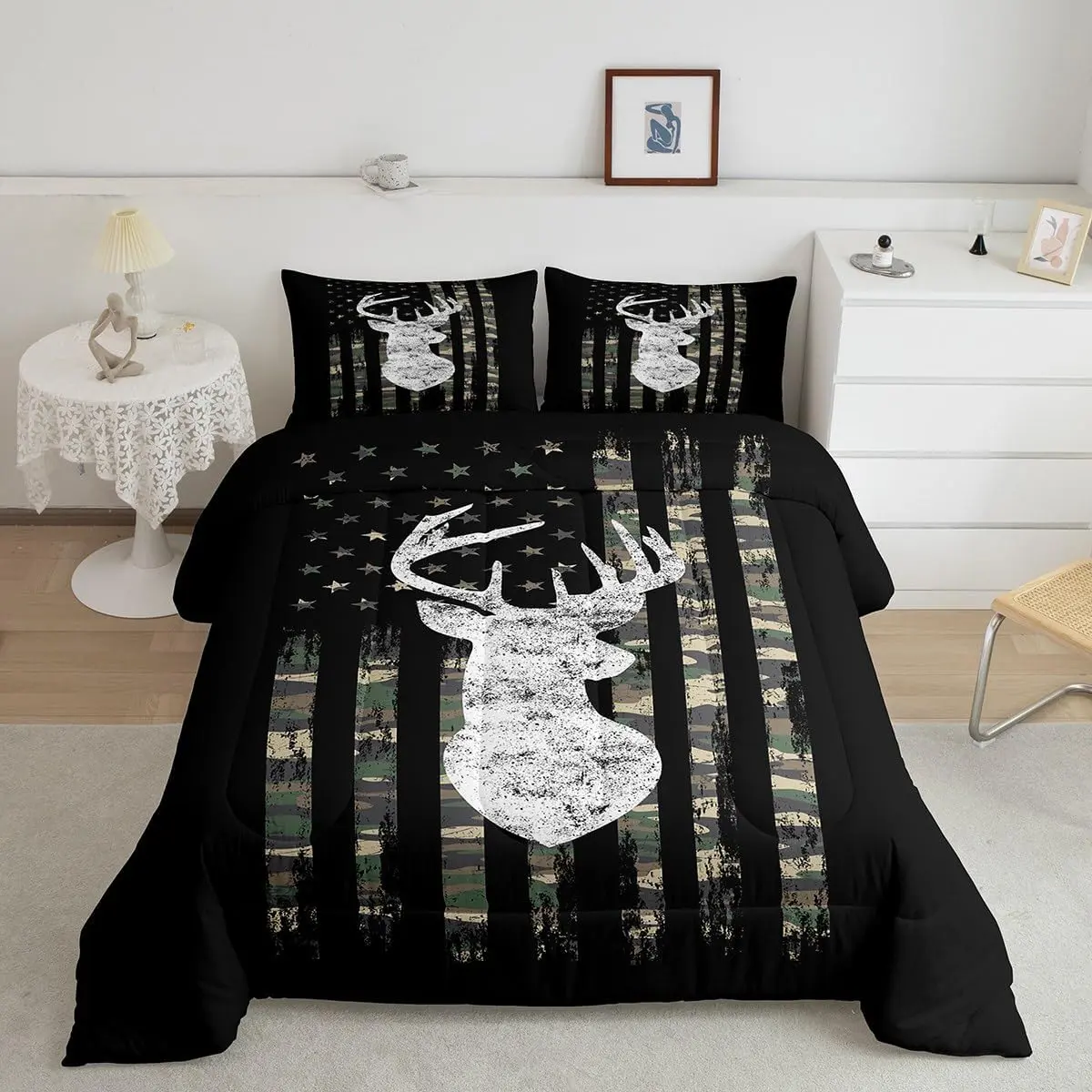 Luxury US Pride Duvet Set - Super Soft Digital Print Deer Comforter, Camouflage Green-Black Hunting Motif Bedding, RV Bedroom Accessory, Queen & Toddler Size Decor
