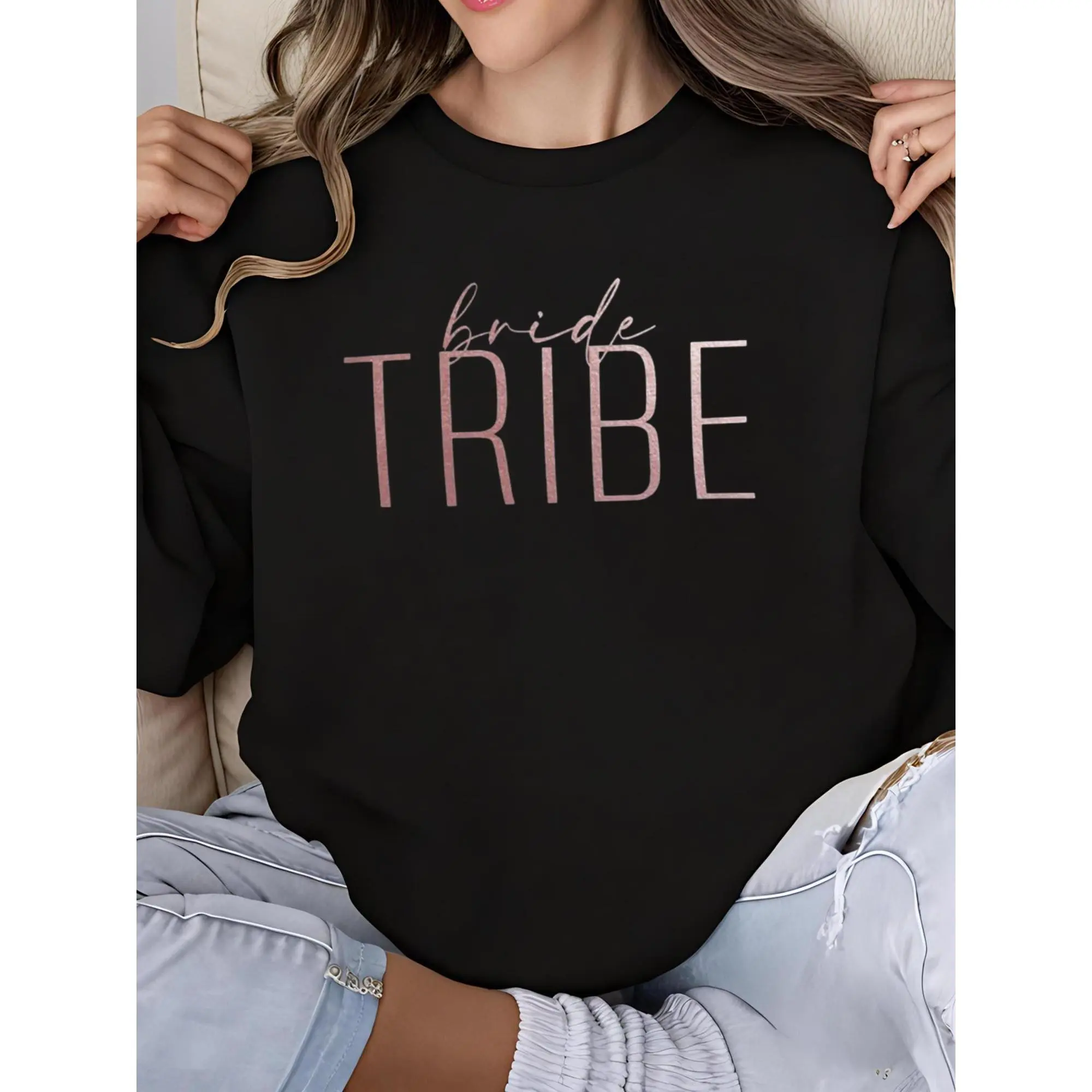 Bride Crew Neck Sweatshirt Long Sleeve Rose Gold Bridal Party Shirts Bachelorette Gifts for Women Team Bride Tribe Matching Outfits Wedding Party Apparel