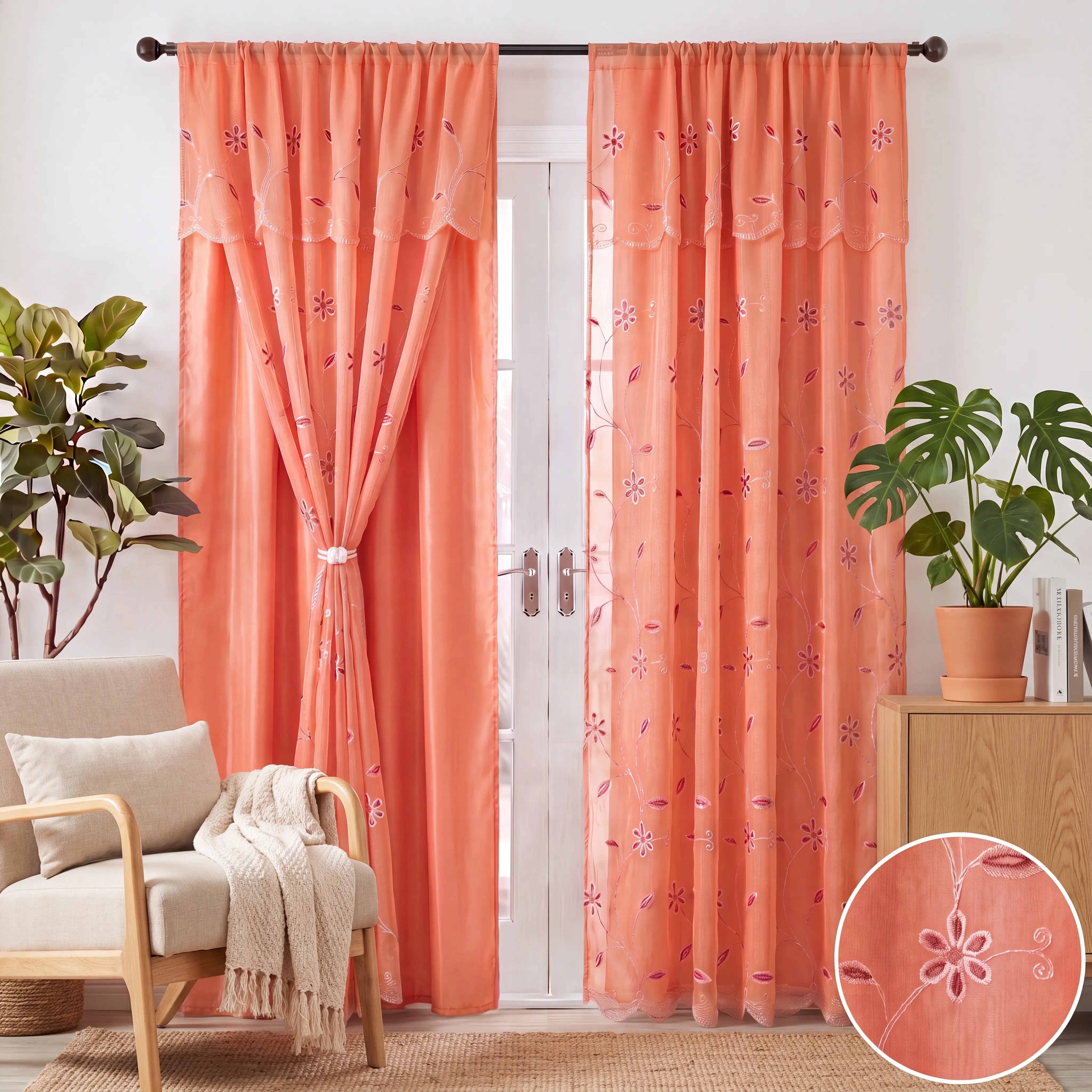 Polyester Low Iron 2-Panel Vine Floral Embroidery Doli Curtain Drapes, 52x84in Double Layer with Waterfall Valance & Rod Pocket, Anti-Shrink Breathable Fade Resistant Blackout QF29 Summer Home Textile for Living Rooms, Bedrooms (Do Not Bleach)