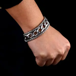 Exquisite Fashion Multilayer Cuban Chain Bracelet for Men Wearing Domineering Personality Hip Hop Street Biker Jewelry