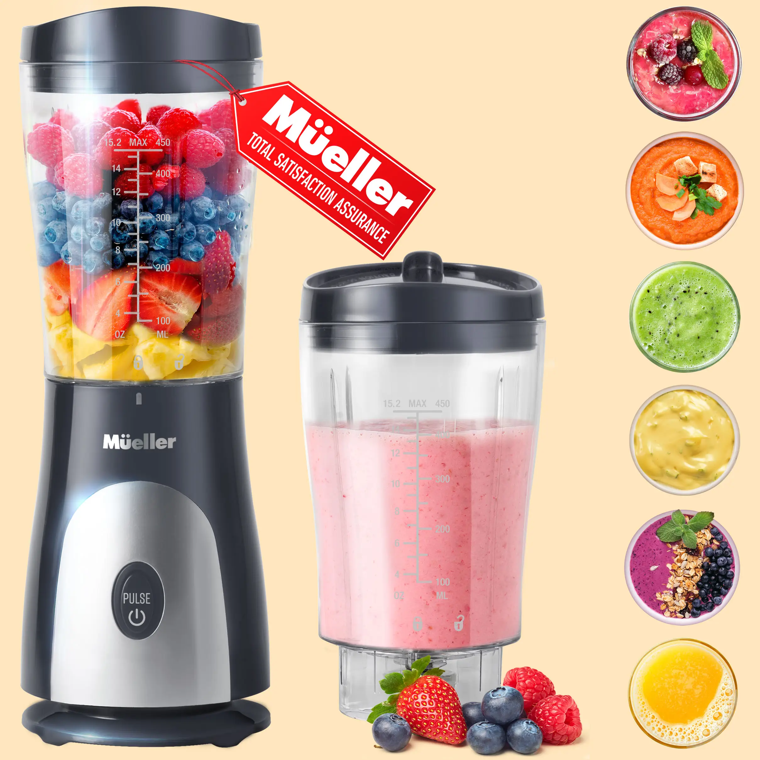 Mueller Personal Blender for Shakes and Smoothies with 15 Oz Travel Cup and Lid, Juices, Baby Food, Portable Blender & Food Processor Holiday Gift