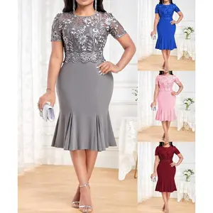 Mother of the bride dresses 2025  skirt embroidery stitching dress slim colorblock print dress mom red dress mother groom dress  long sleeve high neck dress targeted WOMEN'S casual dresses