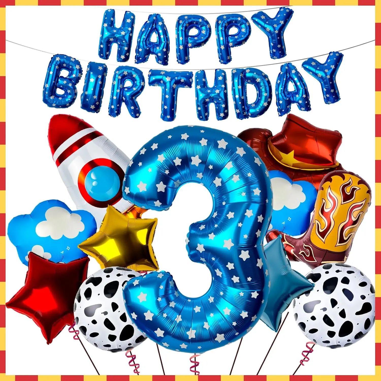 32-Inch Toy-Themed Number 3 Balloon Set with 24-Piece Cartoon Balloons for Kids' 3rd Birthday